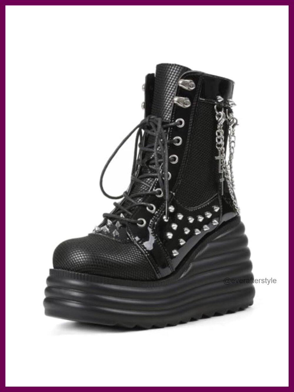 Gothic Platform Combat Boots with Punk Chains & Studs Lace Up Wedge Boots